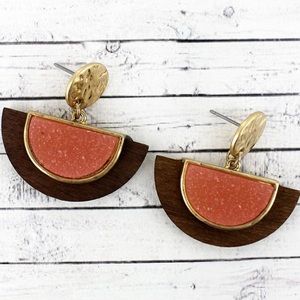 Pink Druzy & Wood Half Moon Earrings